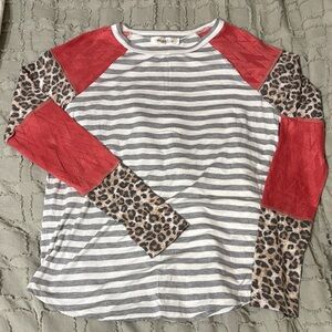 Gray Striped and Leopard Print Long Sleeve Top, pink color block on the sleeves